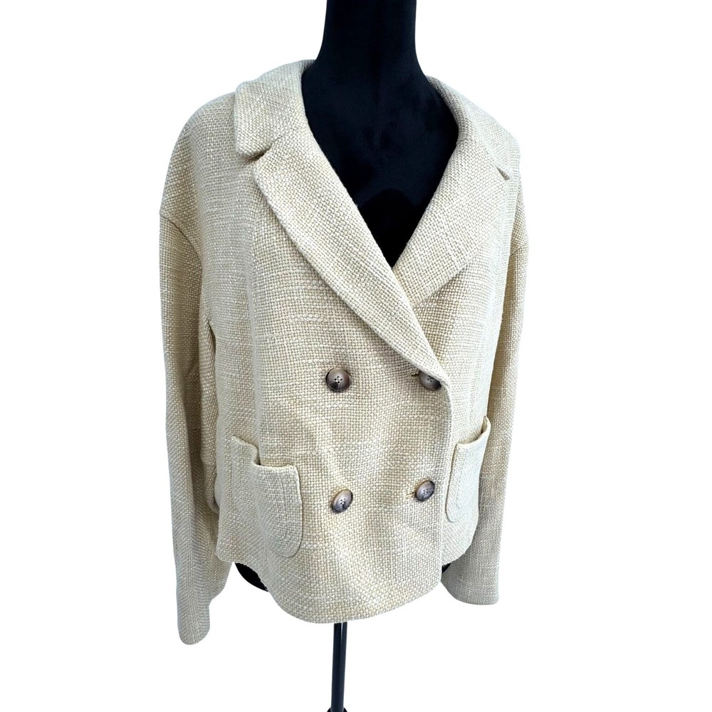 Anne Klein Tweed Linen Blazer Womens 16 Butter Yellow Old Money‎ Double Breasted